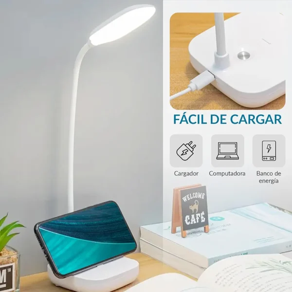 Lampe De Bureau Flexible - Support Téléphone - Chargement USB - 3 Modes D'éclairage - Bouton Tactile - Blanc