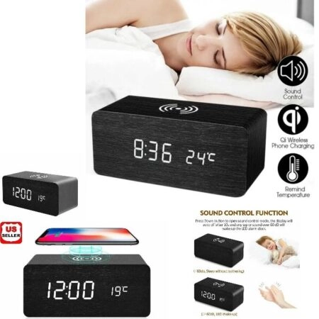 Réveil LED Horloge en Bois - Alarme - Température - USB - Avec Chargeur Sans Fil