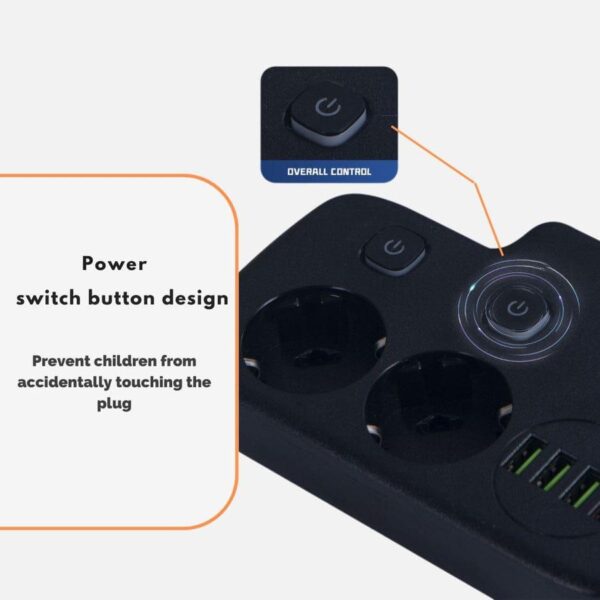 Multiprise Intelligent 6EN1 - 2 Port Prises CA - 3 USB - 1 TYPE C - Anti-Surtension Avec Interrupteur Ét Sécurité Enfant - T2435 - Noir – Image 4