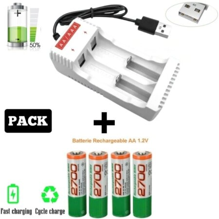 Lot De 4 Piles Rechargeables NI-MH GP 2700 MAH + Chargeur de Piles AAA/AA à 2 Fontes - USB