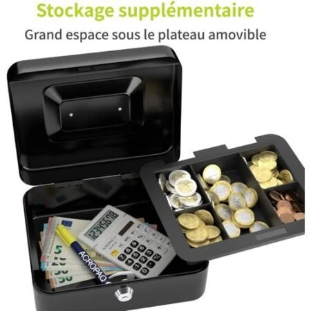 Métal Cach Box - Caisse à Monnaie - Coffre Fort + 2 Clés - 200*160*90 mm - Noir