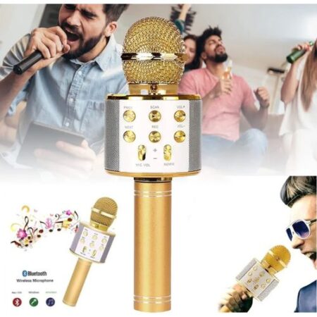 Micro karaoké Sans Fil et Haut-Parleur - Bluetooth - Rechargeable - Doré