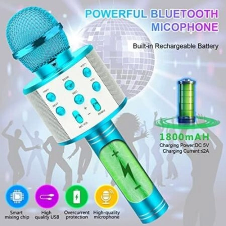 Micro karaoké Sans Fil et Haut-Parleur - Bluetooth - Rechargeable - Bleu