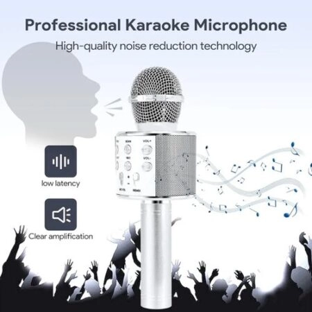 Micro karaoké Sans Fil et Haut-Parleur - Bluetooth - Rechargeable - Argent