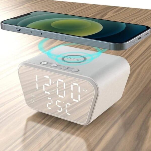 Réveil Numérique-Avec Chargeur Sans Fil 15w - LED Horloge Digitale- Réglable - Blanc – Image 5