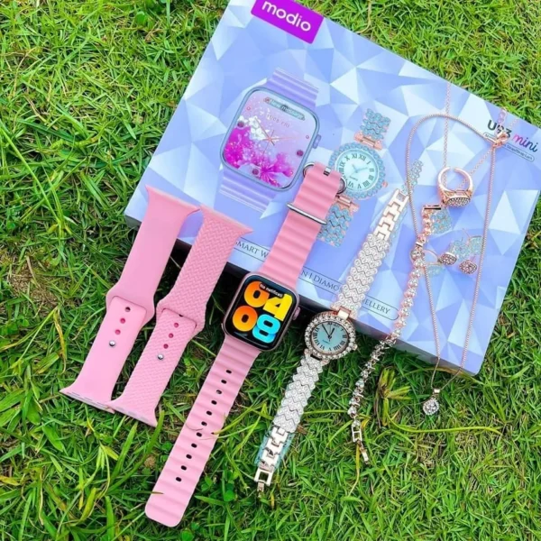 Pack De 1 Magnifique Montre Électronique Intelligente Rose Avec Ceinture Supplémentaire – + 1 Montre Moderne à Bracelet en Acier à Quartz + coliet/Bague/Bracelet/Boucle d'oreilles – Image 2