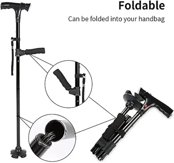 Canne De Marche Intelligente Avec Lumière LED - Double Poignée Pliable Avec Alarme - Réglable - Multifonction – Image 7