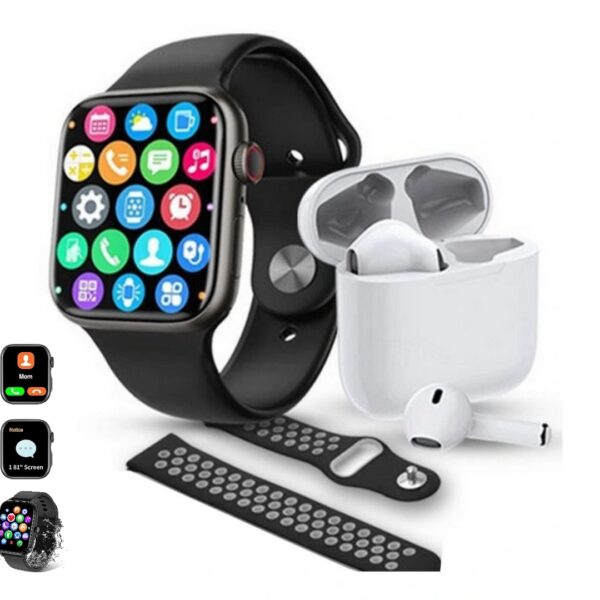 Pack de 1 Montre Connectée à Écran Tactile Complet - Homme et Femme - Bluetooth et Appels - Étanche avec Écouteurs Bluetooth et 2 Ceinture