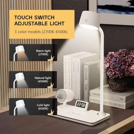 Lampes De Bureau 4 en 1- LED - Chargeur Sans Fil - Bluetooth - Écran Tactile - Horloge - Haut-parleur
