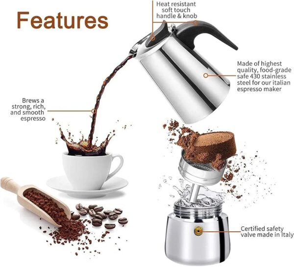 Cafetière italienne 4 Tasses En Acier Inoxydable - Compatible Tous Types De Feux – Image 5