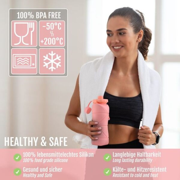 Bouteille D'eau Pliable Originale en Silicone - 600 Ml Pour Activités De Plein Air et Sports - Rose – Image 4