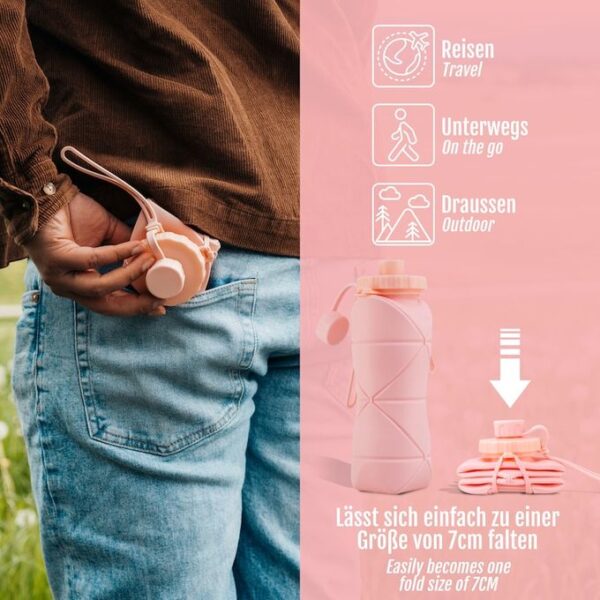 Bouteille D'eau Pliable Originale en Silicone - 600 Ml Pour Activités De Plein Air et Sports - Rose – Image 5