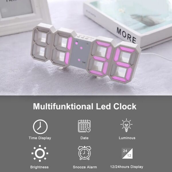 Horloge Digital Led 3D - Affichage 24 et 12 Heures - Alarme Snooze - Température - Rose – Image 4