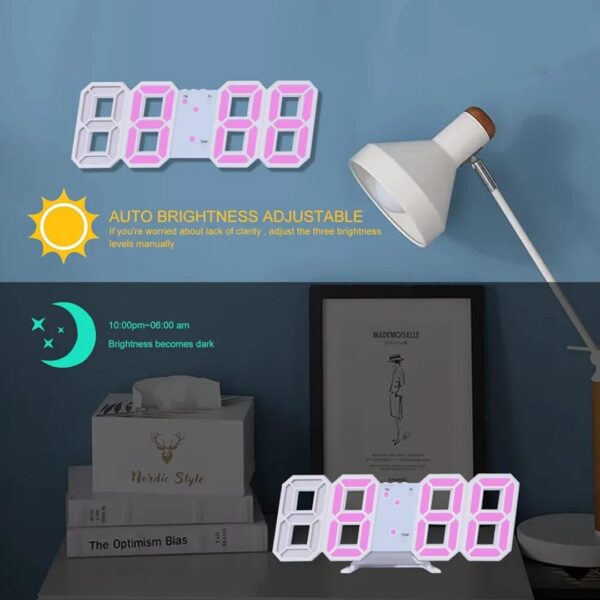 Horloge Digital Led 3D - Affichage 24 et 12 Heures - Alarme Snooze - Température - Rose – Image 2