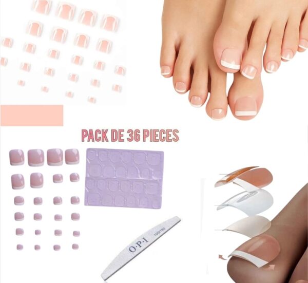 Packs De 36 Faux Ongles De Pieds Élégants avec 36 Autocollants – French