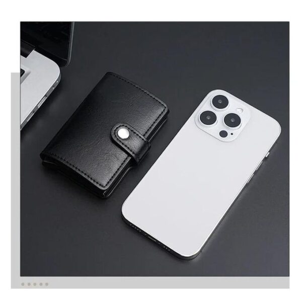 Mini Portefeuille Intelligent À Trois Volets -  Fibre de Carbone et Cuir - 5 cartes - 3 Compartiments Pour Billets Noir – Image 4