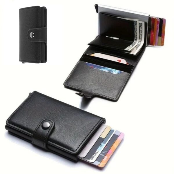Mini Portefeuille Intelligent À Trois Volets -  Fibre de Carbone et Cuir - 5 cartes - 3 Compartiments Pour Billets Noir