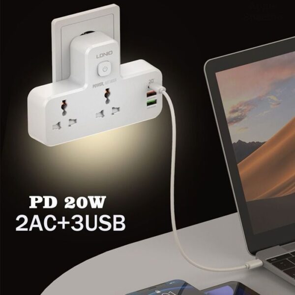 Multiprises Ldnio SC2311 - 1 Port USB-C, 2 Ports USB-A - 2 Prises De Courant - 1 Port QC3.0 20 W - Blanc – Image 4