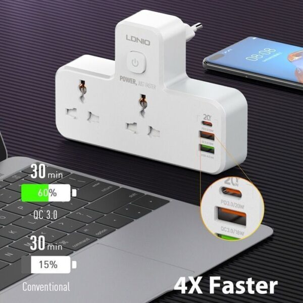 Multiprises Ldnio SC2311 - 1 Port USB-C, 2 Ports USB-A - 2 Prises De Courant - 1 Port QC3.0 20 W - Blanc
