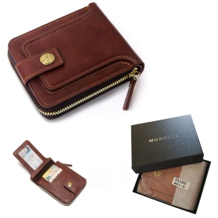 Portefeuille Classique en Cuir PU - Haute Qualité – Moraillon Court et Fermeture Éclair - Multi-Poches - Marron