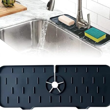 Tapis d'évier de robinet en silicone et porte savon et chiffon 2 en 1 - Noir