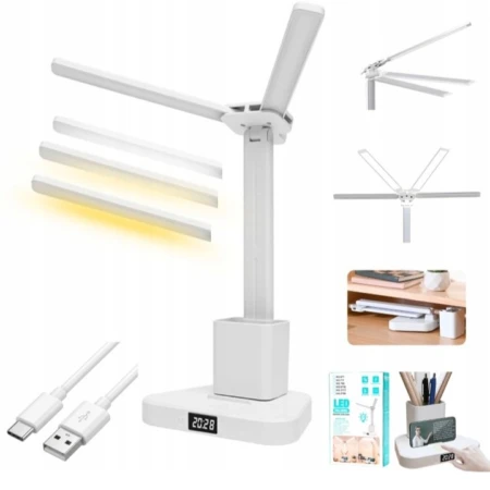 Lampe De Bureau LED Rechargeable - 3 Modes D'éclairage - Lumière Douce Pour La Lecture Et Le Bien-être Des Yeux - Support De Téléphone - Montre Numérique