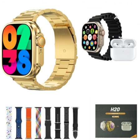 Montre Connectée H20 En Acier Inoxydable Et Écouteurs Sans Fil 10 en 1 - Appels Bluetooth H20 Ultra - Résistante ÀL'eau- Écran HD - 7 Bracelets En Silicone