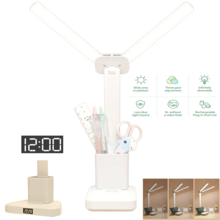 Lampe De Bureau LED Rechargeable - 3 Modes D'éclairage - Lumière Douce Pour La Lecture Et Le Bien-être Des Yeux - Support De Téléphone - Montre Numérique