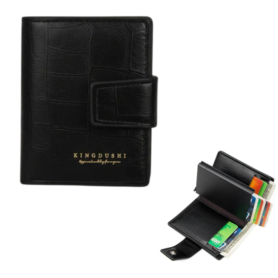 Portefeuille 2 en 1 Intelligent En Cuir Pour Cartes De Crédit – Billets De Banque – Métal Fin Pour Homme – Pliable – Noir