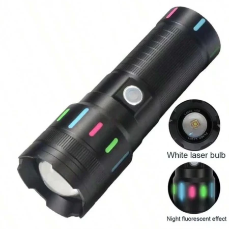 Lampe De Poche Laser Blanche - Longue Portée - 5 Mode - Bandes Lumineuses - 30W LED - Rechargeable