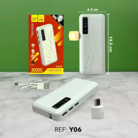 Power Bank Y06 – 30 000 mAh – Charge Rapide – Écran Digital & Lampe LED – Blanc