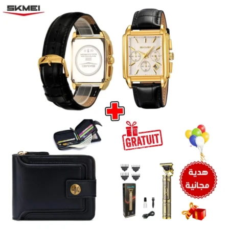 Pack Élégance Homme 3 en 1 – Montre SKMEI + Portefeuille en Cuir + Cadeau Gratuit [Tondeuse DALING]