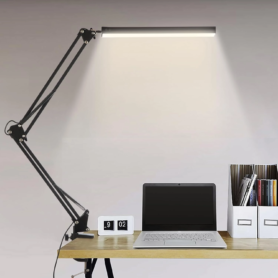 Lampe de Bureau LED 14W avec Bras Pivotant – 3 Couleurs, 10 Niveaux de Luminosité, Protection des Yeux, Pince Métallique – Noir