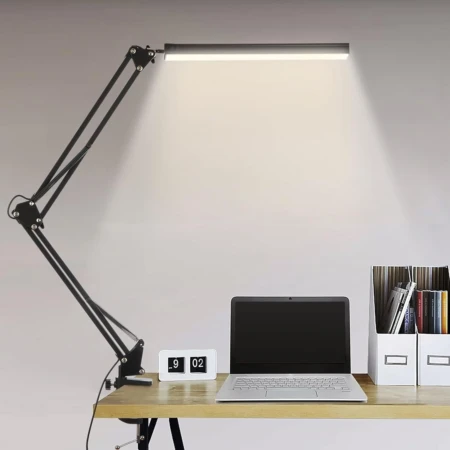 Lampe de Bureau LED 14W avec Bras Pivotant – 3 Couleurs, 10 Niveaux de Luminosité, Protection des Yeux, Pince Métallique – Noir
