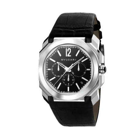 Montre Bulgari De Luxe - Boîtier En Acier - Bracelet En Cuir D'alligator - Résistante À L'eau - Noir