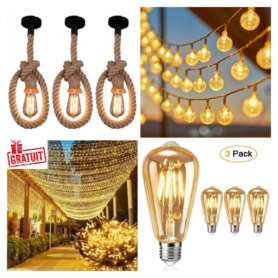 Pack Décoration Vintage 3 Suspensions Corde En Chanvre E27 + 3 Ampoules LED Filament + 1 Guirlande Boule LED Étanche 10M + Cadeau [Guirlande Lumineuse 10M].