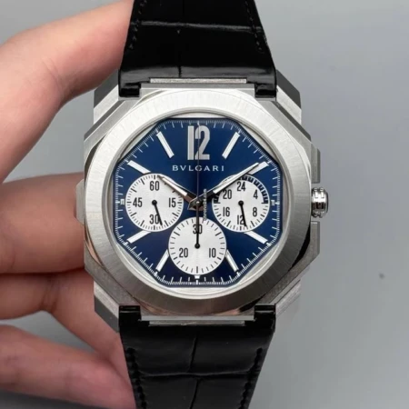 Montre Bulgari De Luxe - Boîtier En Acier - Bracelet En Cuir D'alligator - Résistante À L'eau - Bleu