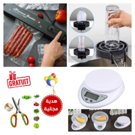 Pack De Cuisine – Machine à Sceller Les Aliments Sous Vide Avec 10 sachet sous vide Gratuit + Lave Verre + Balance De Cuisine + Ciseaux À Légumes 5 En 1 Cadeau