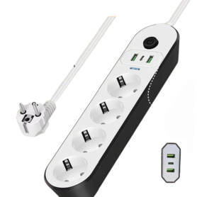 Multiprise – Protection Contre Les Surintensités – 4 Prises et 2 Ports USB – Charge Rapide Et Port Type-C – Câble 3 Mètres