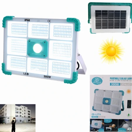 Projecteur Solaire COBA CB F374 - 300 W - 374 LED - Résistante ÀL'eau - Rechargeable - Blanc