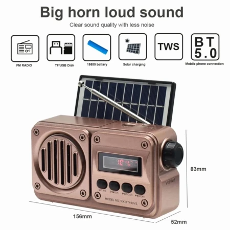Radio FM Solaire Rétro – Bluetooth, TWS, USB, Carte SD & Power Bank