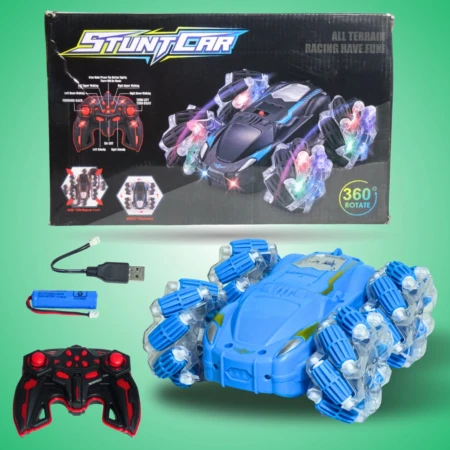 Voiture Télécommandée Stunt Spray 360° – Effets Fumée & Cascades – Bleu