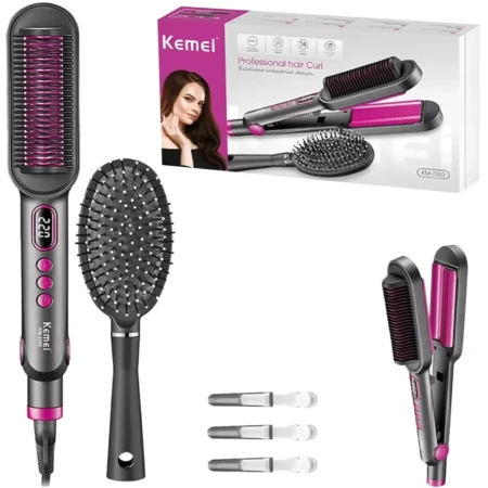 Kemei KM-2263 Kit Peigne Et Fer À Lisser 5 En 1 - Lissage Ou Bouclage De Cheveux - Professionnelle