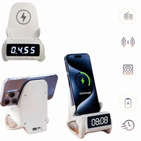 Haut-parleur Multifonctionnelle 6en1 - Chargeur Sans Fil - Haut Parleur - Réveil - Bluetooth - Capteur - Support de Téléphone