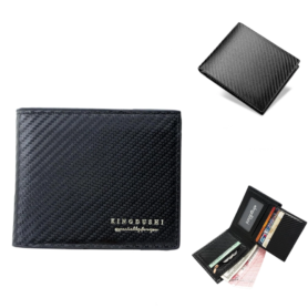Portefeuille Homme À Deux Volets – Motif Fibre De Xarbone – Emplacements Pour Cartes Et Porte-monnaie – Noir