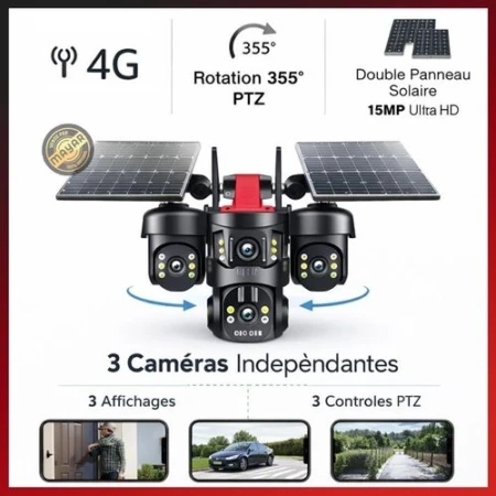 Caméra De Sécurité Extérieure PTZ 4G/LTE à Double Objectif – 8 MP UHD – Zoom 10x – Panneau Solaire 10 W - Avec Alarme