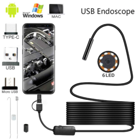 Caméra d’inspection endoscopique Android 3-en-1 étanche IP67 avec câble rigide de 2 m, éclairage LED, connecteurs USB, compatible avec smartphones et tablettes.