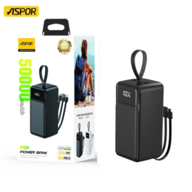 Pawer Bank Ultra-performante Aspor A319(NR) – 50 000 MAh – Puissante – Charge Rapide – 22,5 W – 3 Câbles Intégrés – Multiport