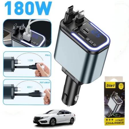Chargeur De Voiture 5 En 1 - 120 W - Adaptateur à Câble Rétractable - Affichage Numérique LED