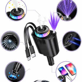 Chargeur De Voiture Rétractable 5 en 1 – Éclairage D’ambiance – Diffuseur D’arômes – Adaptateur De Charge Rapide USB-C Avec 2 Ports USB